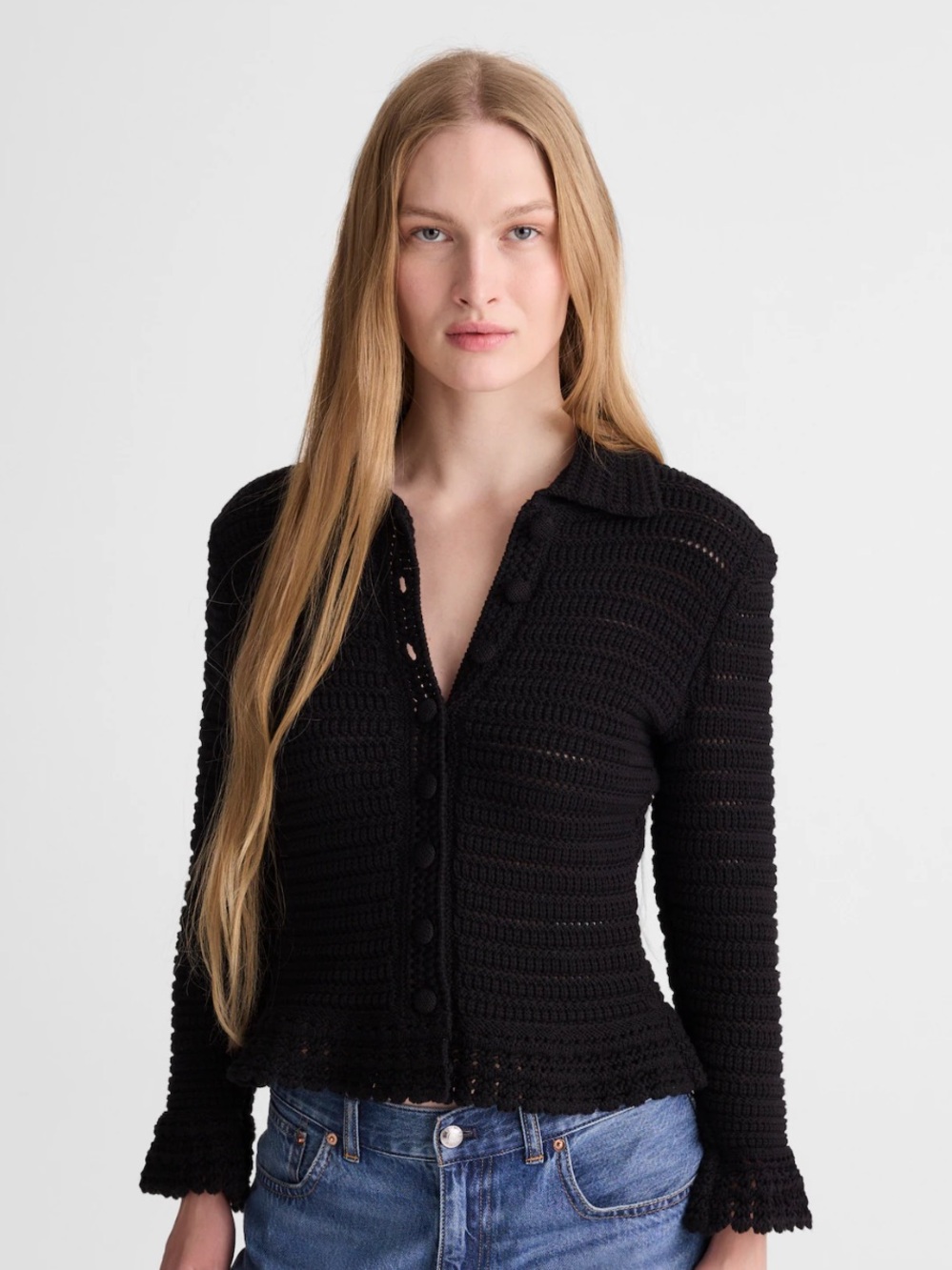 NWT Madewell Pointelle-Knit Peplum Cardigan in Jet Black